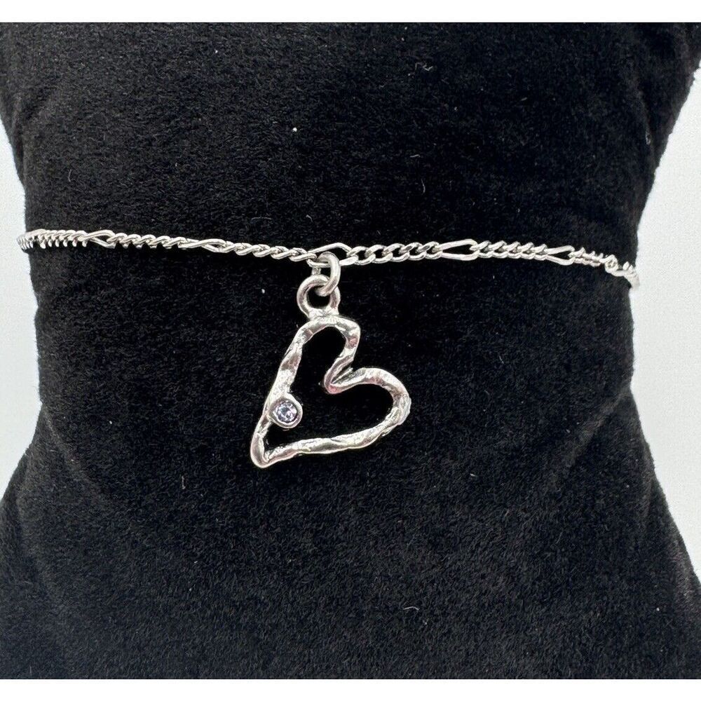 Marc Jacobs Delicate Silver Tone Figaro Heart Charm Rhinestone Love‎ Bracelet